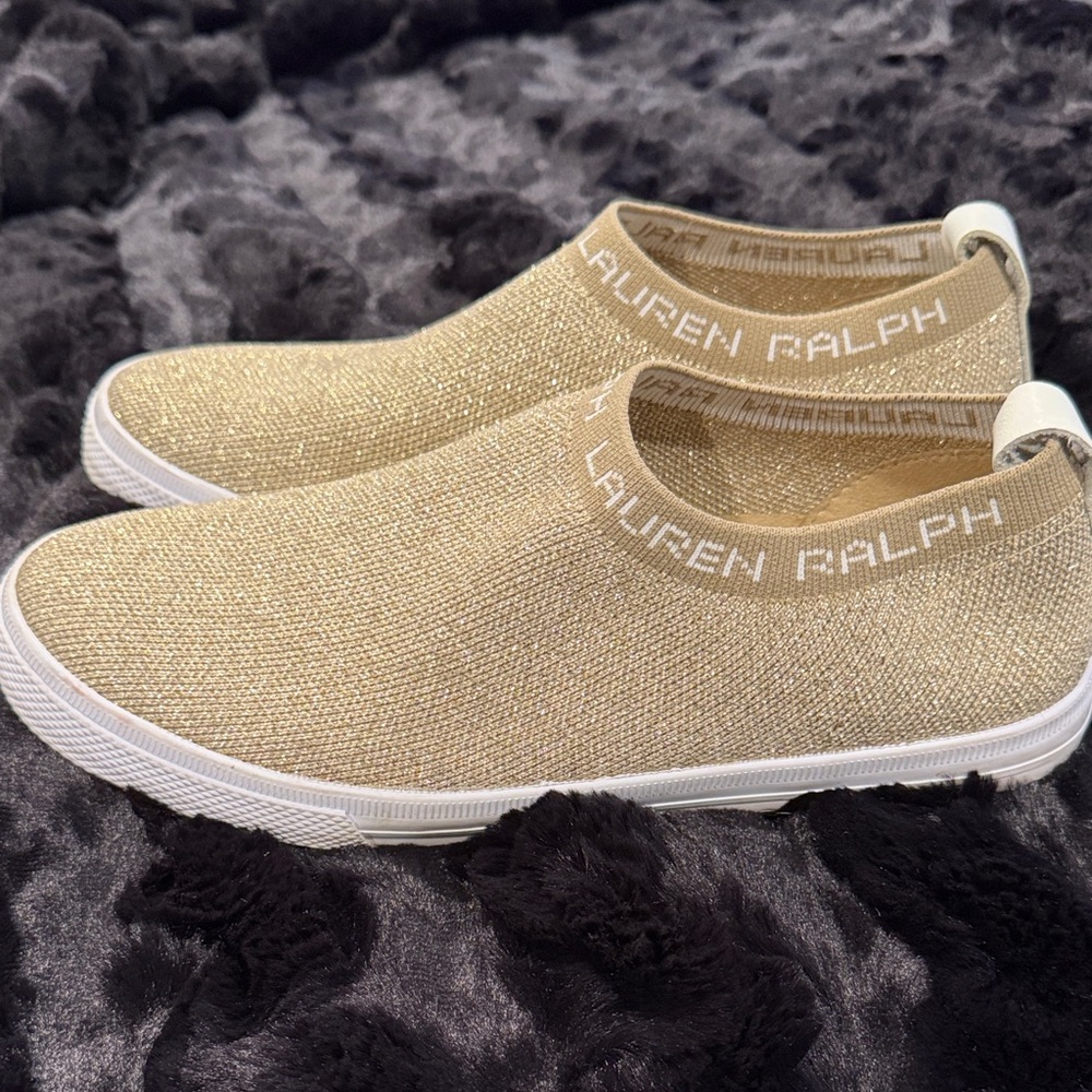 Lauren Ralph Lauren Knit Slip-On Sneakers in Tan and White